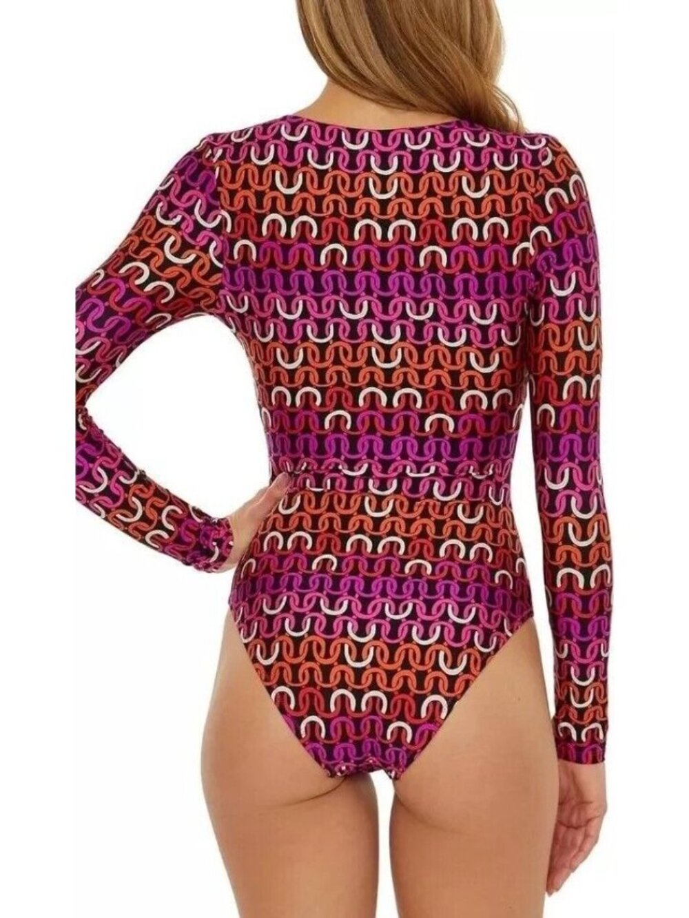 Trina Turk Echo Chain Plunge Long Sleeve One‑Piece Swimsuit XL New with Tag - Picture 3 of 4